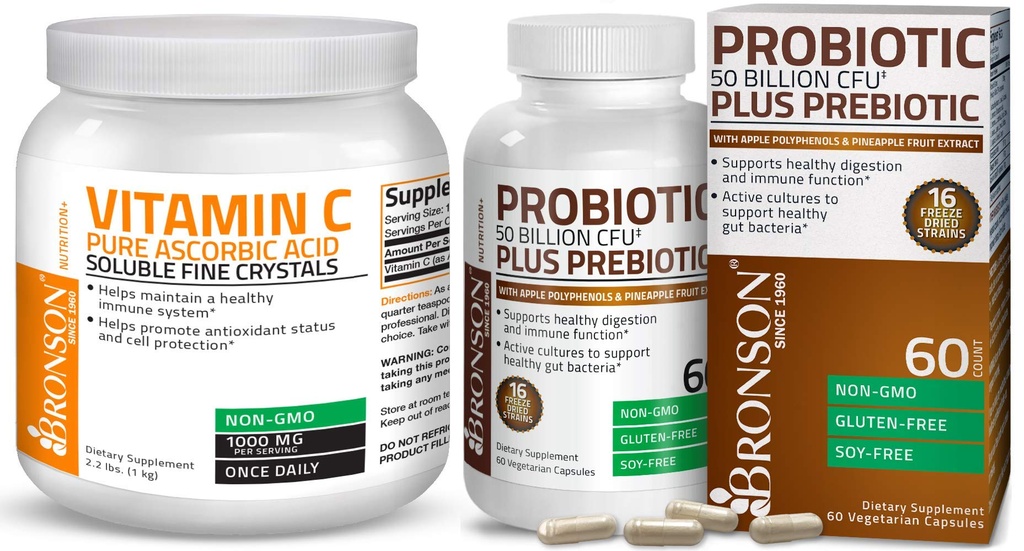 Bronson Probiotic 50 Milyar CFU + Prebiotic dengan Apple Polyphenol & Pineapple Fruit Extract Vitamin C Powder Pure Accorbic Soluble Fine Non GMO Crystals