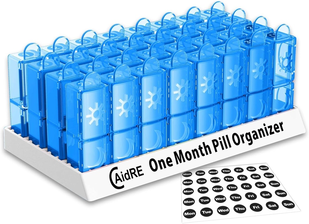 31 Day Pill Organizer AM / PM - Kotak Pil KB Monthly untuk Obat-obatan, Vitamin & Suplemen - Satu Bulan 2 Kali Kasus Pil KB, 4 Minggu Pill Organizer, Biru