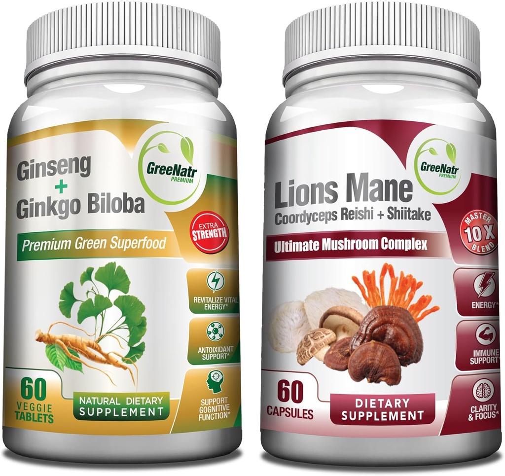 GerieNatr Mushroom Suplement, 10- 1 Blend with Lions Mane, Cordyceps, Shiitake, Chaga, Turkey Tail, Combined with Our Energy and Brain Focus Natural Booster of Ginseng Root and Ginkgo Biloba