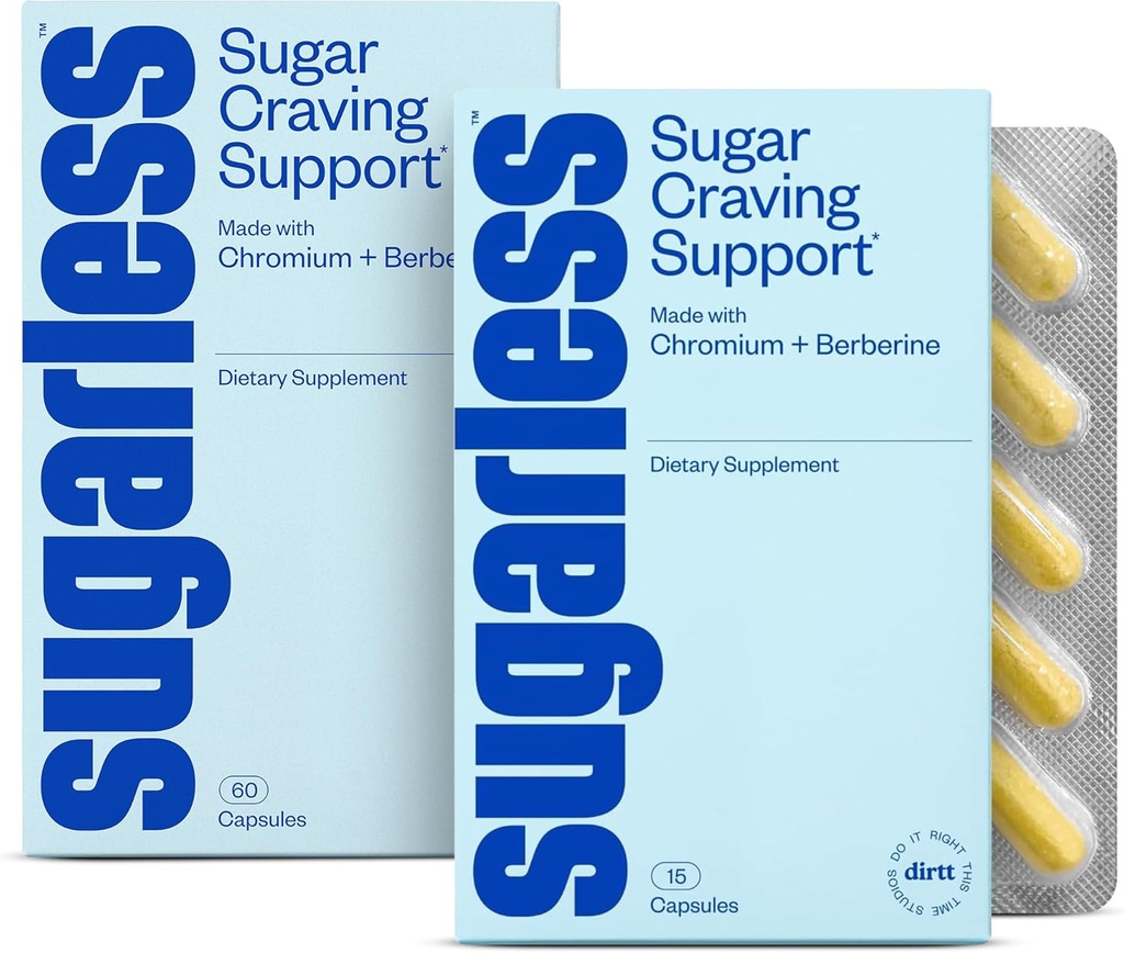 Sugarless Stop Sugar Crauds Suplement Bundle - Natural Craving Blocker with Berberine, Chromium, CoQ10 & L-Theanine - 30 Count & 15 Count Travel Size, Non- GMO & Gluten- Free