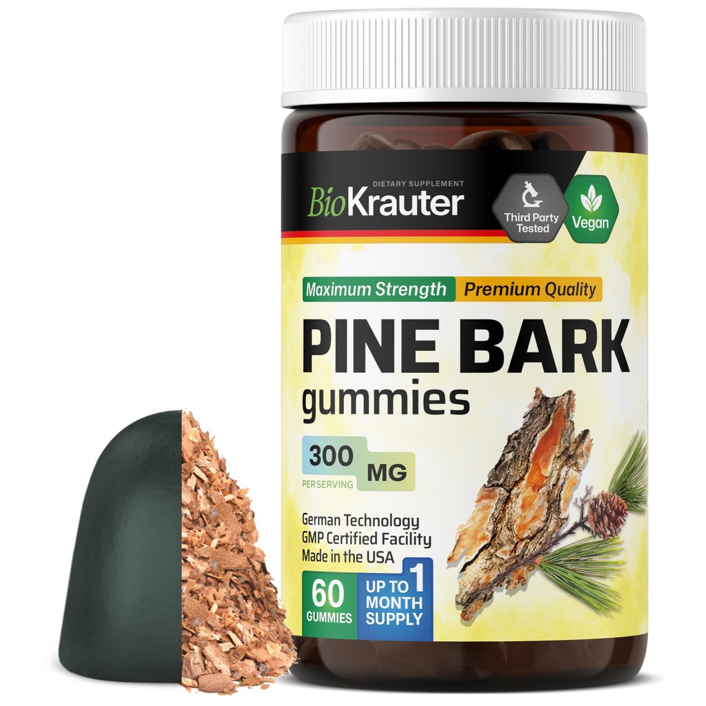 BiO KRAUTER Pine Bark Extract gummies - 300 mg Pemasak Vegan - 60 Tegan Perancis Maritim Pine Bark Extract - Antiokidant Suplemen - 95% Proantocyanidins - Pectin- berbasis Formula