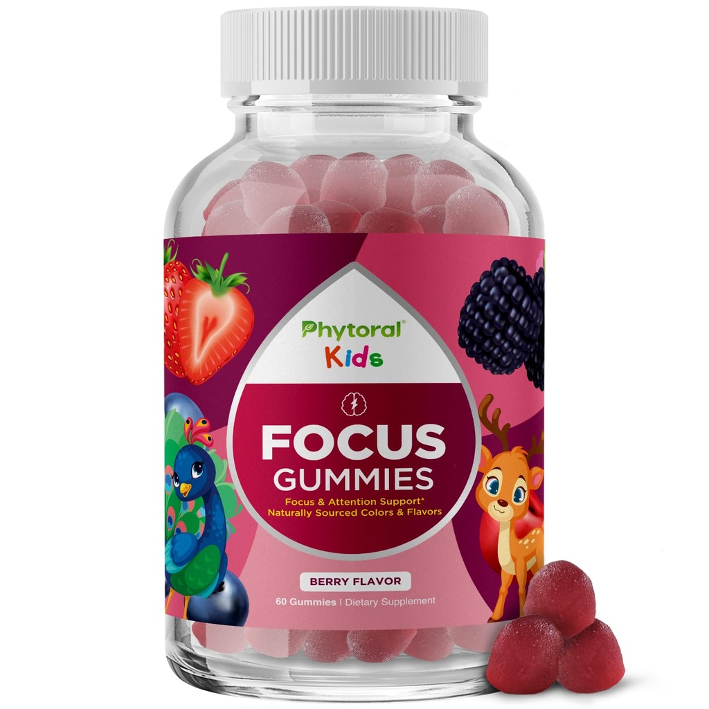 Anak Vegan Phytoral Fokus Gummies - Dukungan Otak Yang Dapat Diampukan untuk Anak - Enhances Konsentrasi & Memori - Suplemen Pemantauan