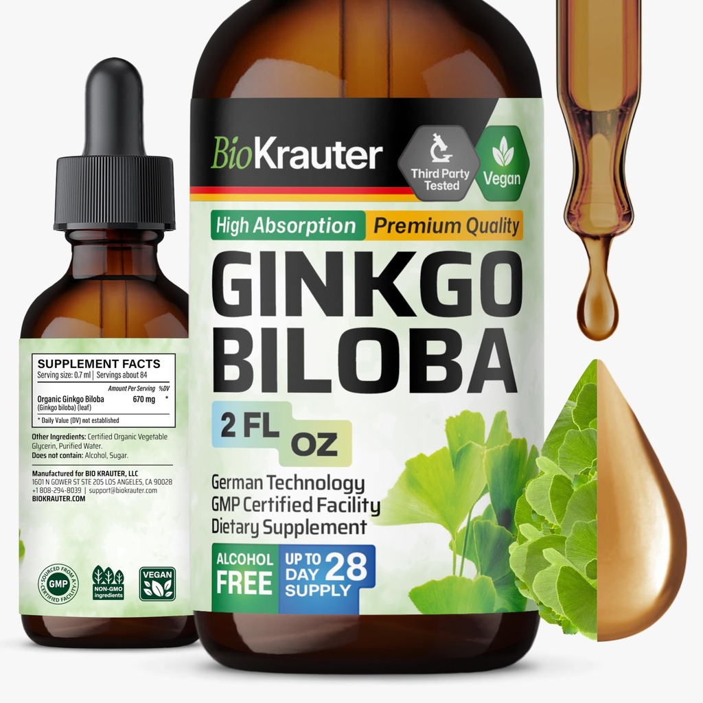 BIO KRAUTER Ginkgo Biloba Extract - Liquid Ginkgo Bilosa Suplemen untuk Otak - Vegan, Alkohol & Gula Bebas - 2 Fl Oz