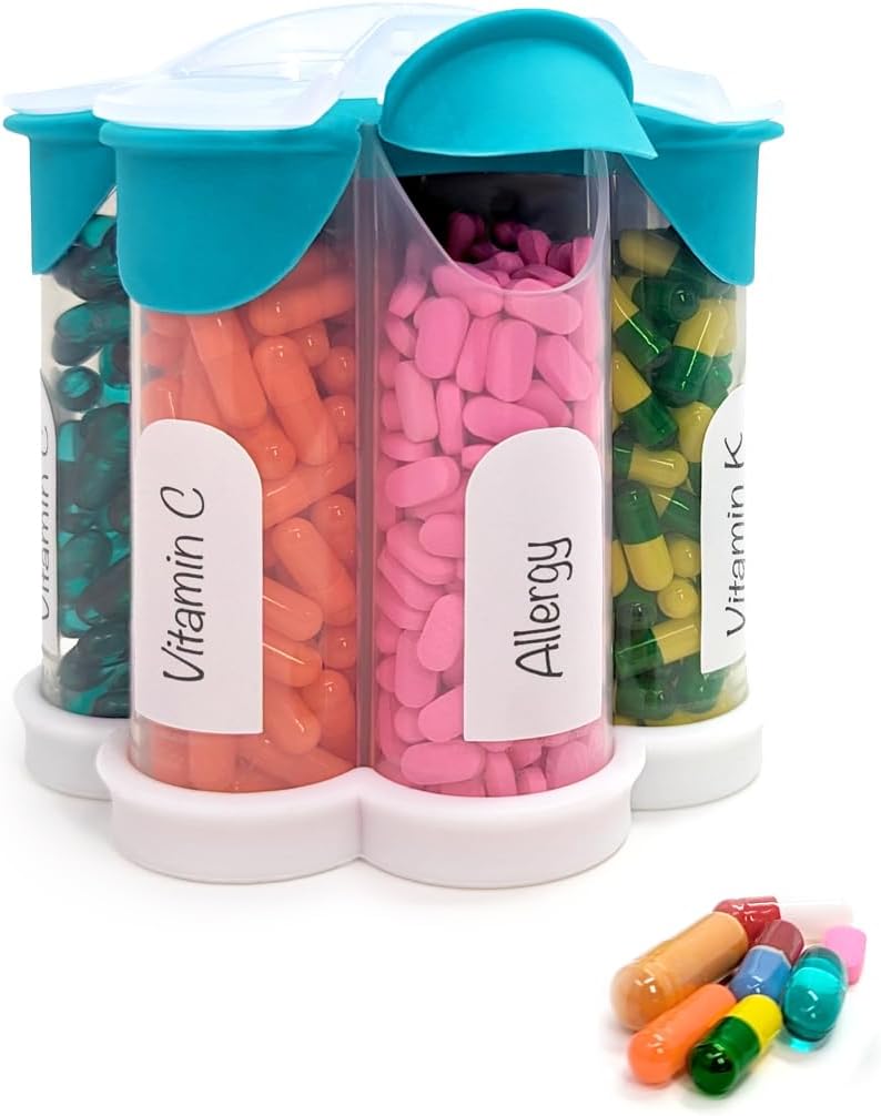 Extra Large Pill Organizer Daily, Weekly, Monthly Suplement Bottle, Cute Blossom Pill Dispenser dengan 7 XL Kompartemen, Easy- Open Pill Box for Vitamin, Medications, Label Included (Teal)