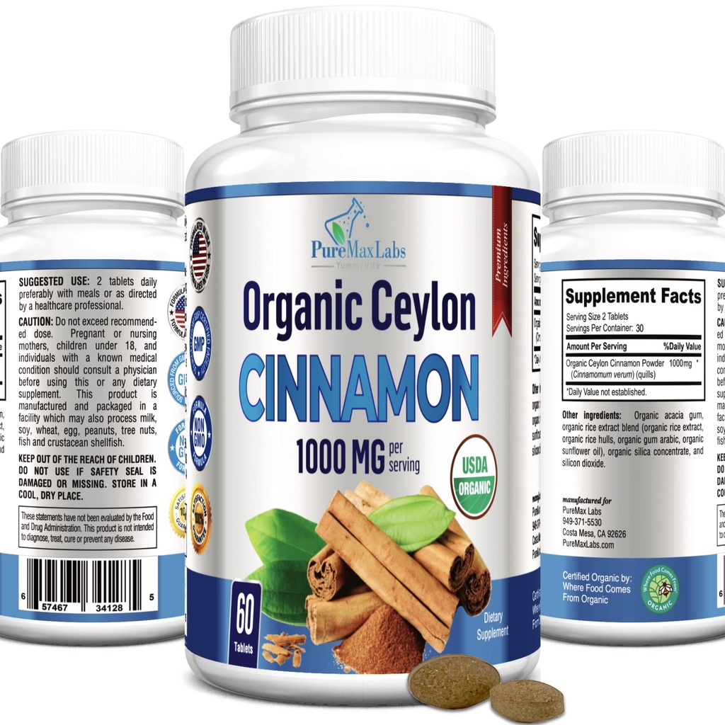 Cinnamon Ceylon Organik - 1000mg per Serving, Sertifikasi Persediaan Kayu Sejati Organik, antioksidan, Absorpsi Cepat - 60 Tablet