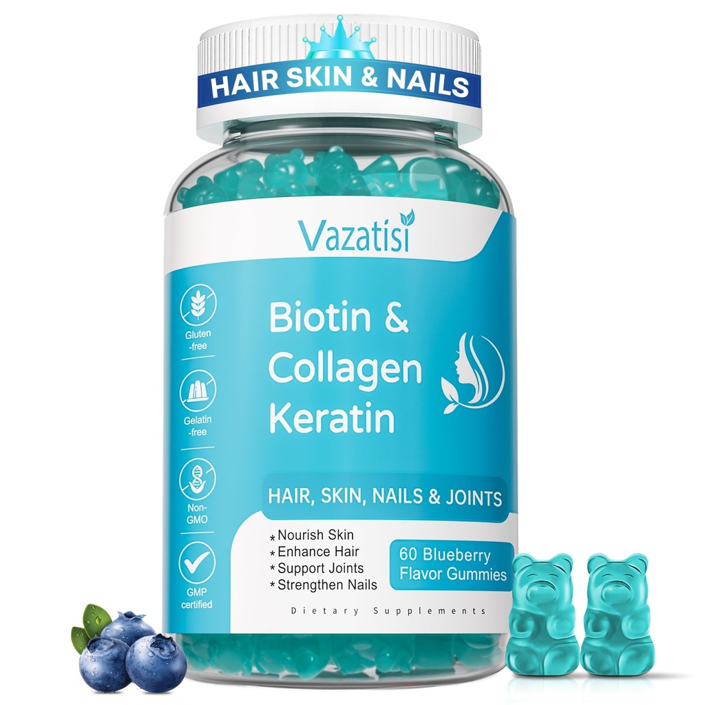 Biotin Gummies dengan Collagen & Kertin for Hair Skin Nails- Menyediakan Rambut dan Kuku Kuat, Pria Wanita, Anak - 60 Blueberry Flavored Gummies