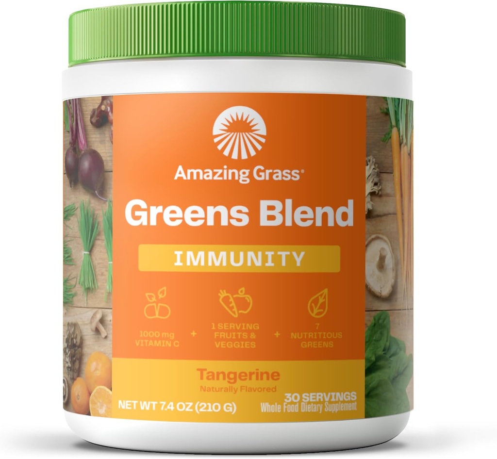 Amazing Grass Green Superfood Imunity: Super Greens Powder with Vitamin C, Cordyceps, Beet Root Powder & Reishi Jamur, Tangerine, 30 Serbu