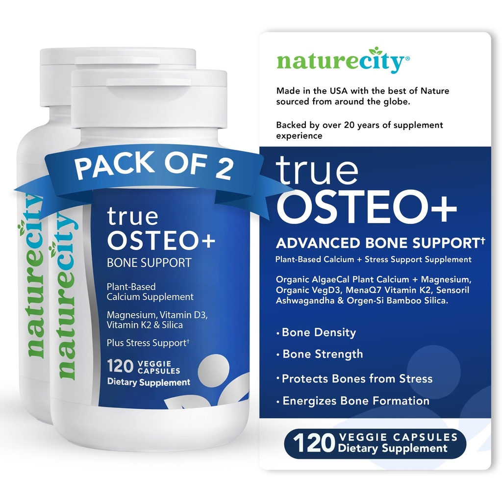 NaturreCity True- Osteo + Bone Dukung dengan Ashwagandha - for Power & Density - Plants - Based Calcium dengan Organic AlgaeCal, Magnesium, Vitamin D3, K2, Silicon & Stress Dukung 124; 240 Vevgie Capsules