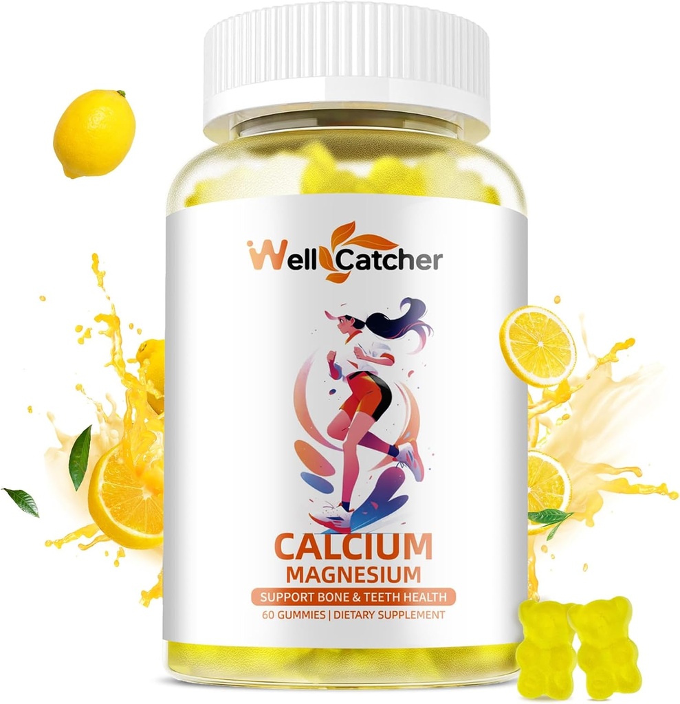 Calcium Magnesium Gummies Dewasa - Sugar Free Chewable Vegan Algae Kalsium Suplemen Perempuan Pria Dukungan Ditambah Kekuatan Tulang dengan Potasium Zinc Vitamin D3 K2 Lemon Flavor 60CT