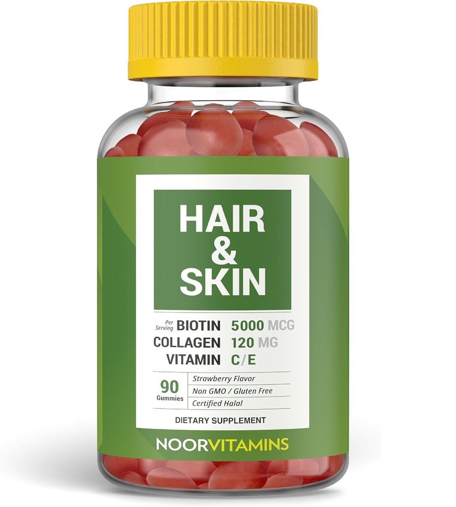 Noor Vitamin Halal Halal Hagamin Biotin, Collagen, Silica, Vitamin C & E Supports Hair, Skin & Nail Health; Natural Strawberry Gummy Vitamin. GMO, Gluten Free & a Sertifikasi Halal Vitamin (90 Cacah)