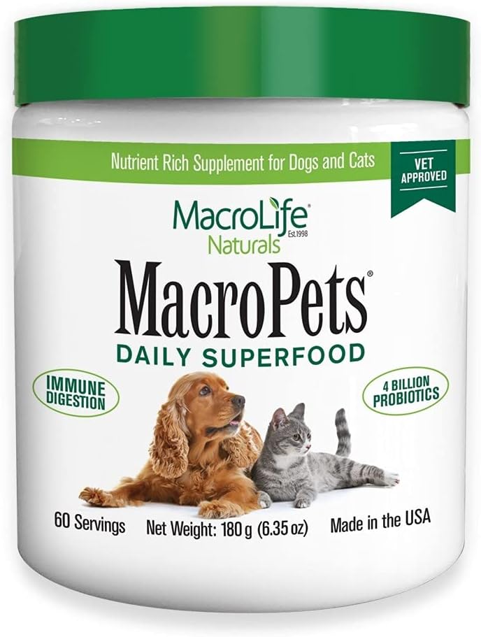 MacroLife Communals Macrots Greens Superfood Suplement Topder for Dog Cat Small Mammal, Natural Nost Boost Provention Enzymes Vitamin E - Ammune Gut Health & Energy - 6.35oz