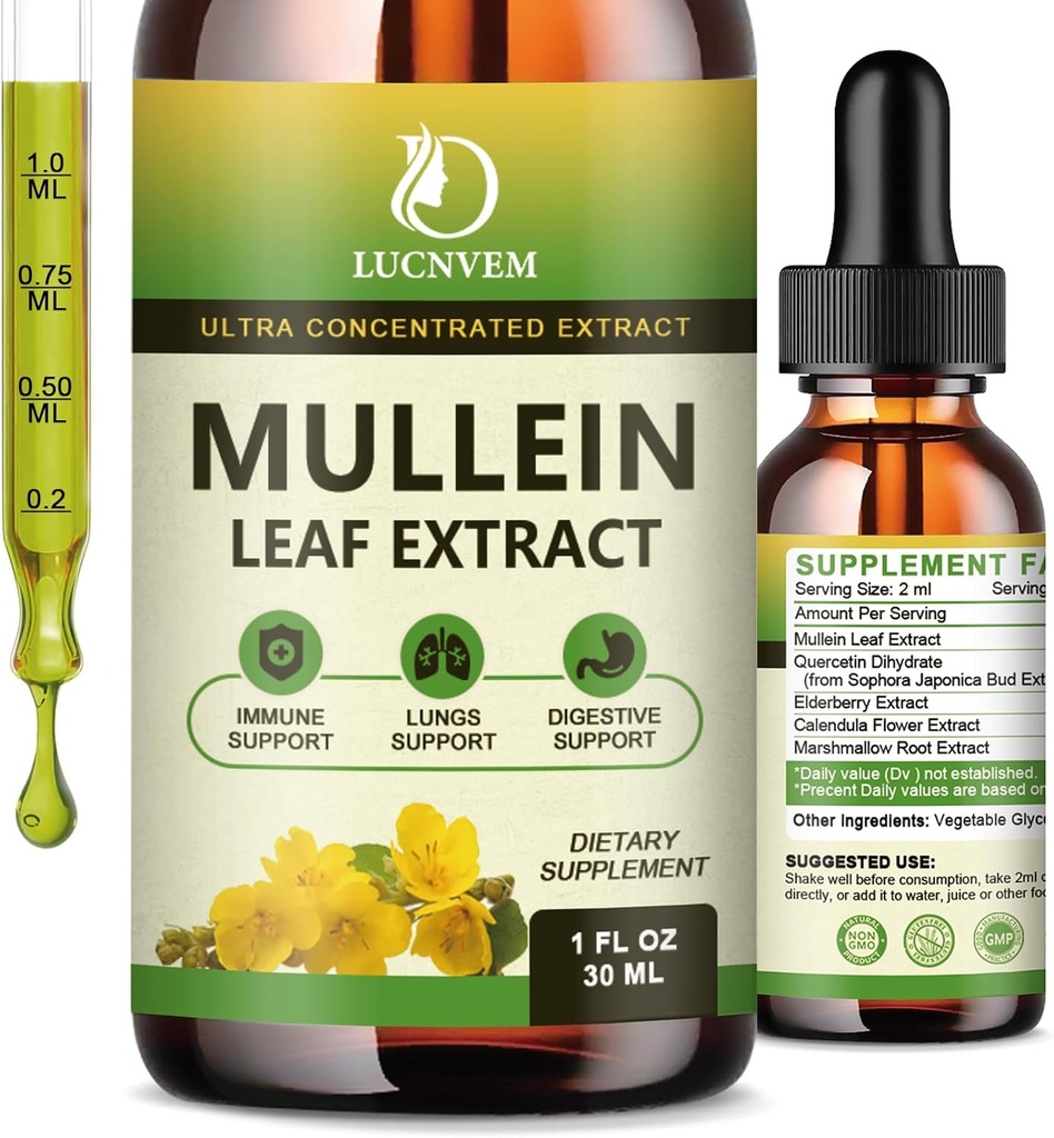 (2 Kemas) 98% Pelecehan Mullein Drops untuk Lungs, 5 yang kuat dalam 1 Mullein Leaf Herbal Blend Ekstrak, Support Natural Lugs for Lungs Cleanse & Detox and Respiratory Lung Health