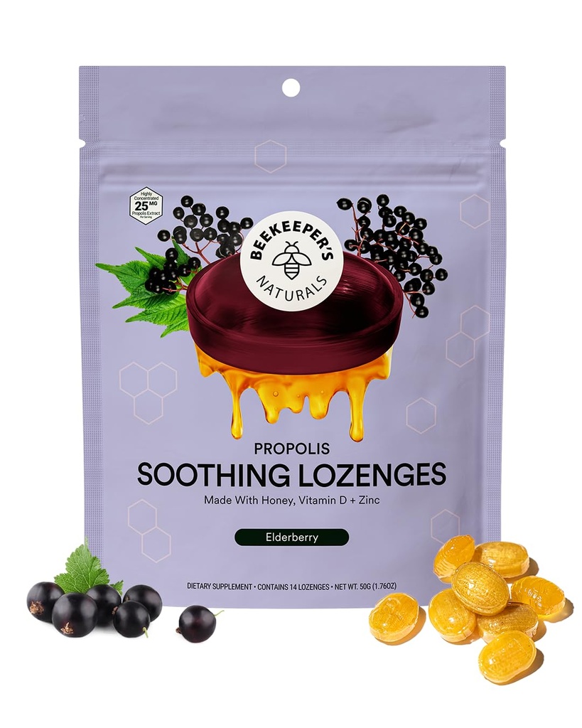 Beekeeper 's Naturals Soothing Honey Elderberry Cough Drops Imune Support with Vitamin D, Zinc and Propolis Throat Soothing Lozenges, 14 Ct