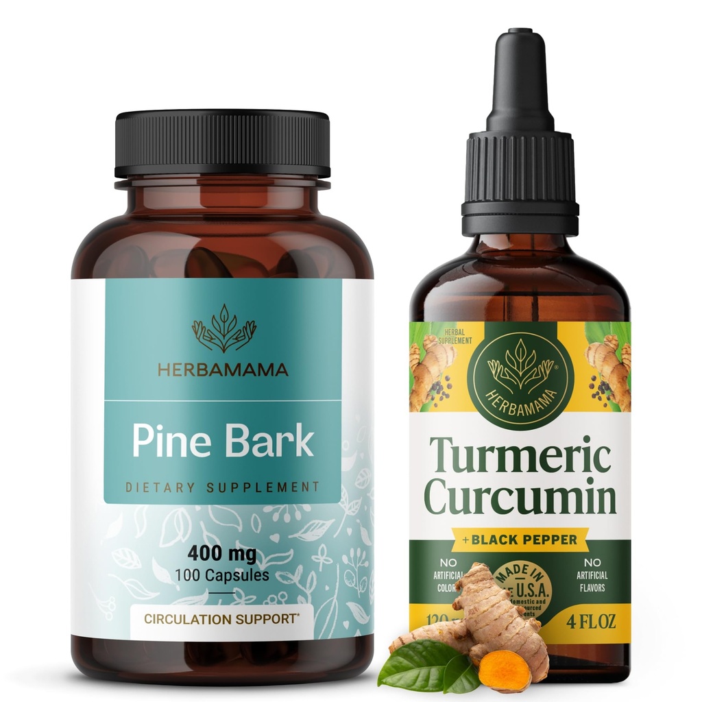 HERBAMAMA Turmeric Extract and Pine Bark Kit - Bundle of 400 mg French Maritime Capsules & Turmeric Extract Tincture 2 - Vegan, Non- GMO, Sugar & Alcohol- Free - 2 Pack