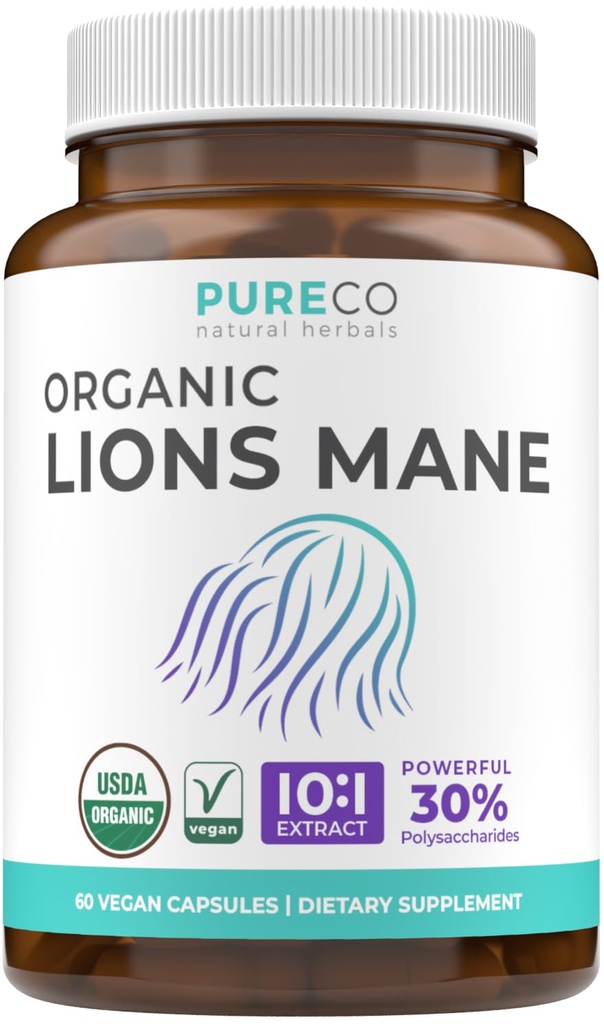 Lions Mane Supplement Capsules Organik Lions Mane - USDA Mushroom Kasules Organik dengan 1000mg Lion Mane 10: 1 Ekstrak per Serving dengan 30% Polysacclades - Vegan & Non-GMO (Persediaan Bulan 1)