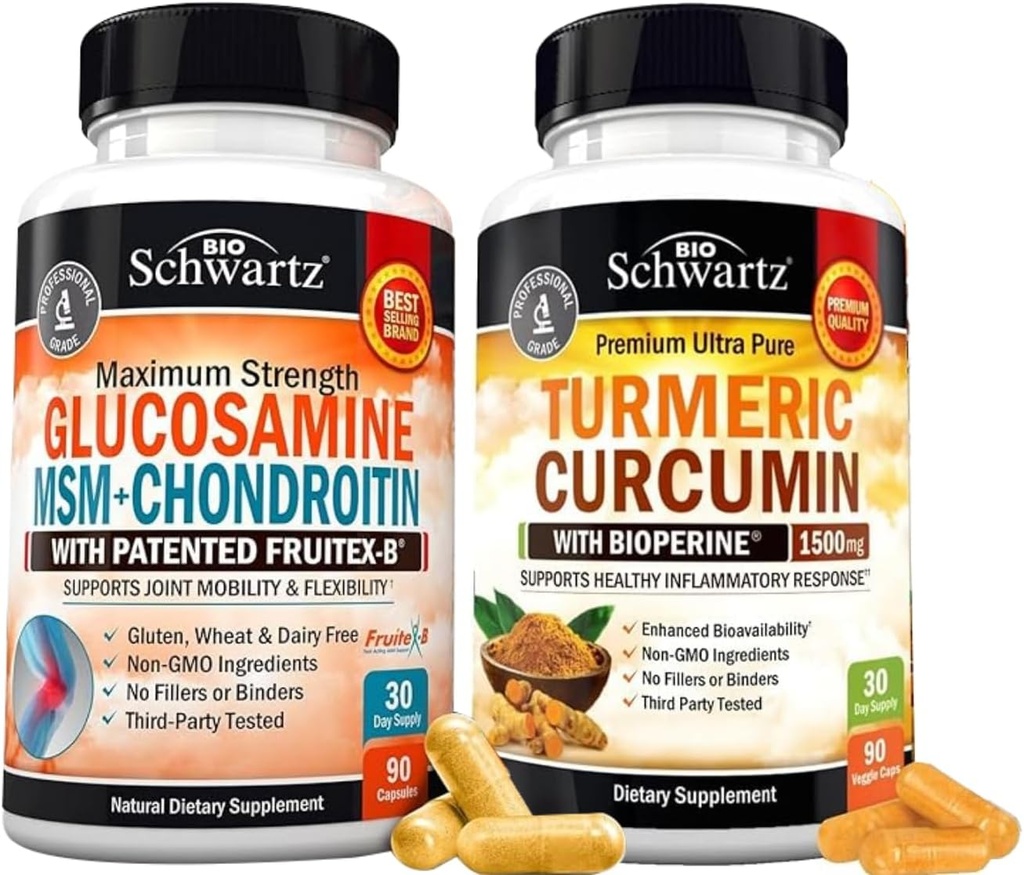 BioSchwartz Turmeric Curcumin dengan Black Pepper Extract 1500mg Complex (1 Bulan Supply) Plus Glucosamin Chondroitin MSTriple Power Suppplemen Dukungan Gabungan (1 Bulan Suppply)