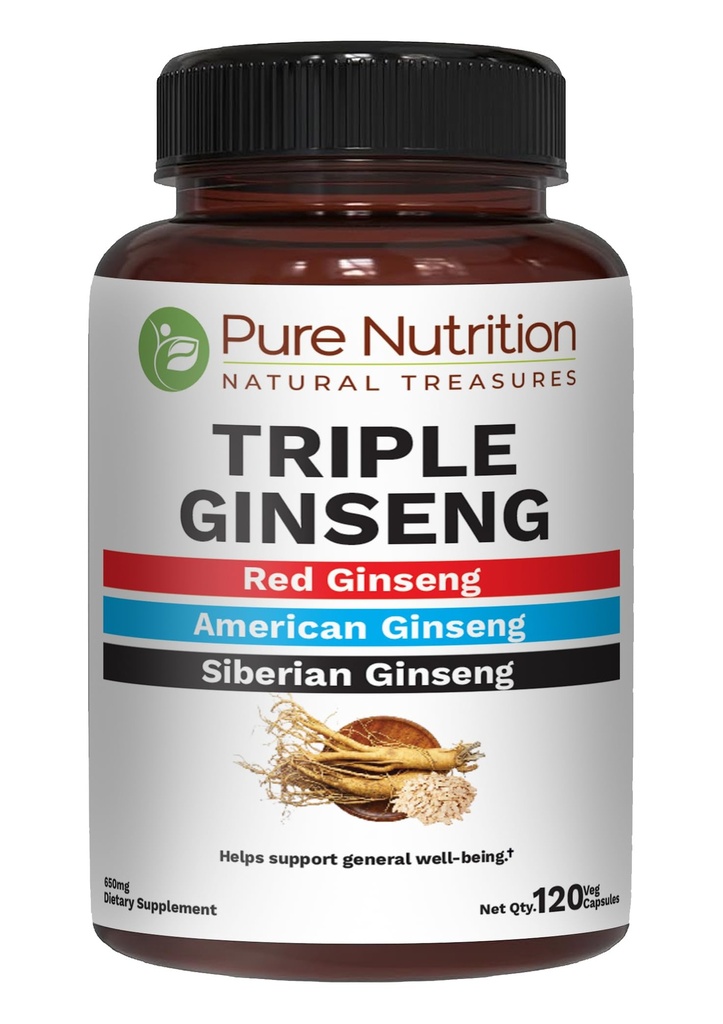 Murni Nutrition Triple Ginseng 650mg 124; 120 Caps 124; Kompleks untuk Pria dan Wanita 124; Kombinasi Sangat Efektif Merah, Amerika dan Siberia Ginseng. Non GMO