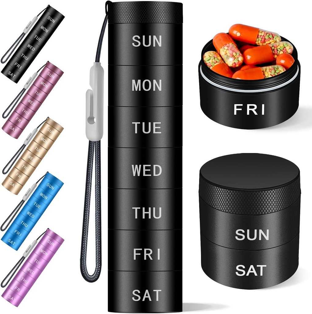 Aluminium Travel Pill Organizer, Weekly Metal Pill Case, Pill Hoder, Moivious Reparts Daily Pill Box 7 Day, Large Pill Container to Hold Vitamin, Medication, Supplemen Hitam
