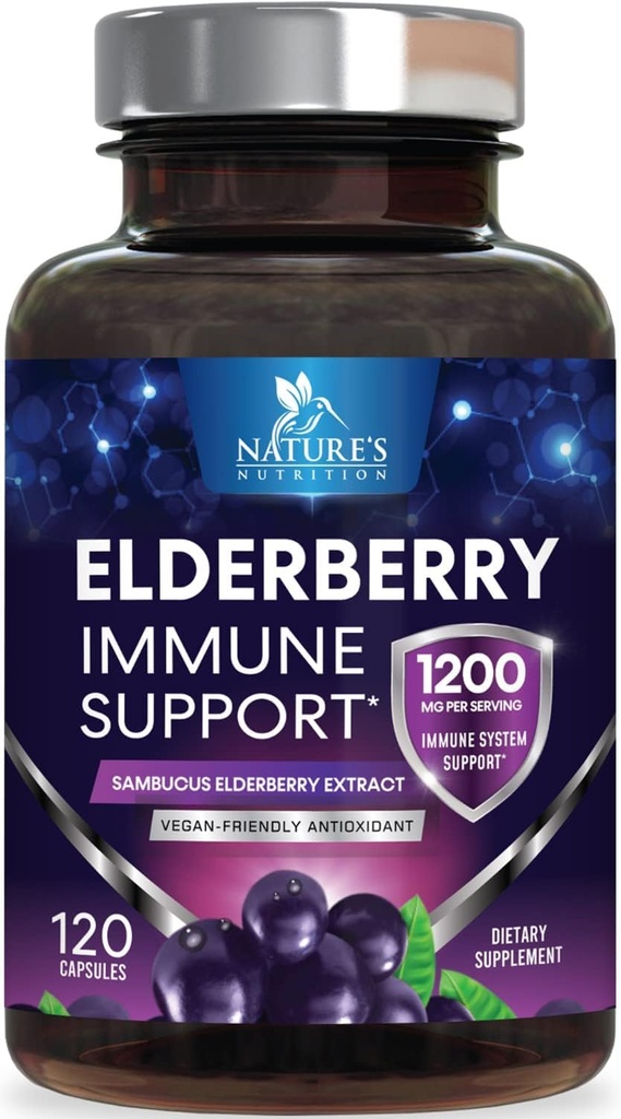 Elderberry Immune Support 1200mg - Daily Imune Dukungan untuk Orang dewasa dengan konsentrasi Ekstrak Sambucus Black Elderberry - Antioksidant Vitamin Suplemen, Gluten Bebas, Botol di AS - 120 Kapsul
