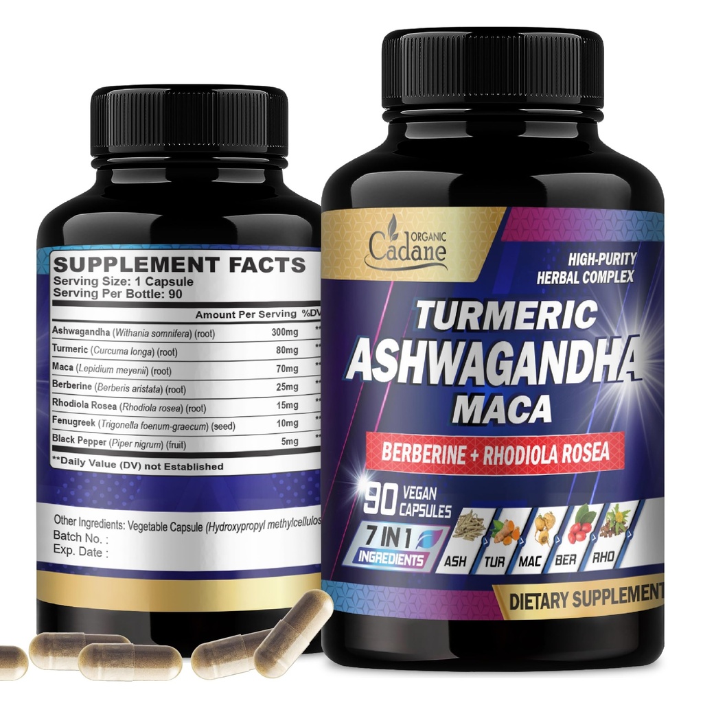 Suplemen Organik Cadane Ashwagandha - Memori, Sistem Imune & Kekuatan - 7in1 konsentrasi dengan Turmeric, Maca Root, Berberine & More - 90 Vegan Capsules untuk 3-Bulan Suppply