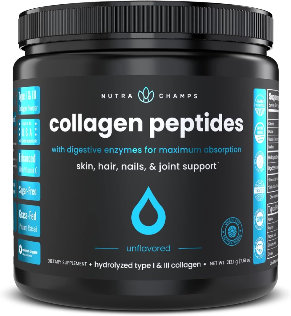 Collagen Peptides Powder - Enhanced Absorpsi, Double Hydrolyzed, Grass Fed, Keto Protein powder dengan Vitamin C - Premium Suplemen untuk Rambut, Skin, Nails, Joints & Bones, Unflashed