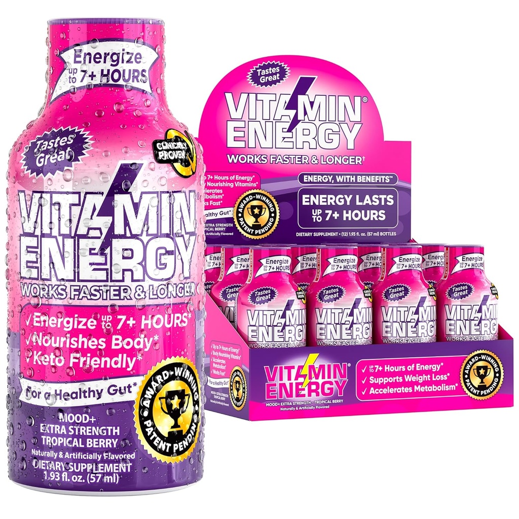 Vitamin Energy Mood + Energy Shot - Tropical Berry - 100% DV B-Vitamin & 260mg Plant - Based Caffeine - Zero Calories, Sugar- Free, Vegan, Non-GMO - Mood & Energy Dukung - 1.93 fl oz, 12- Pack