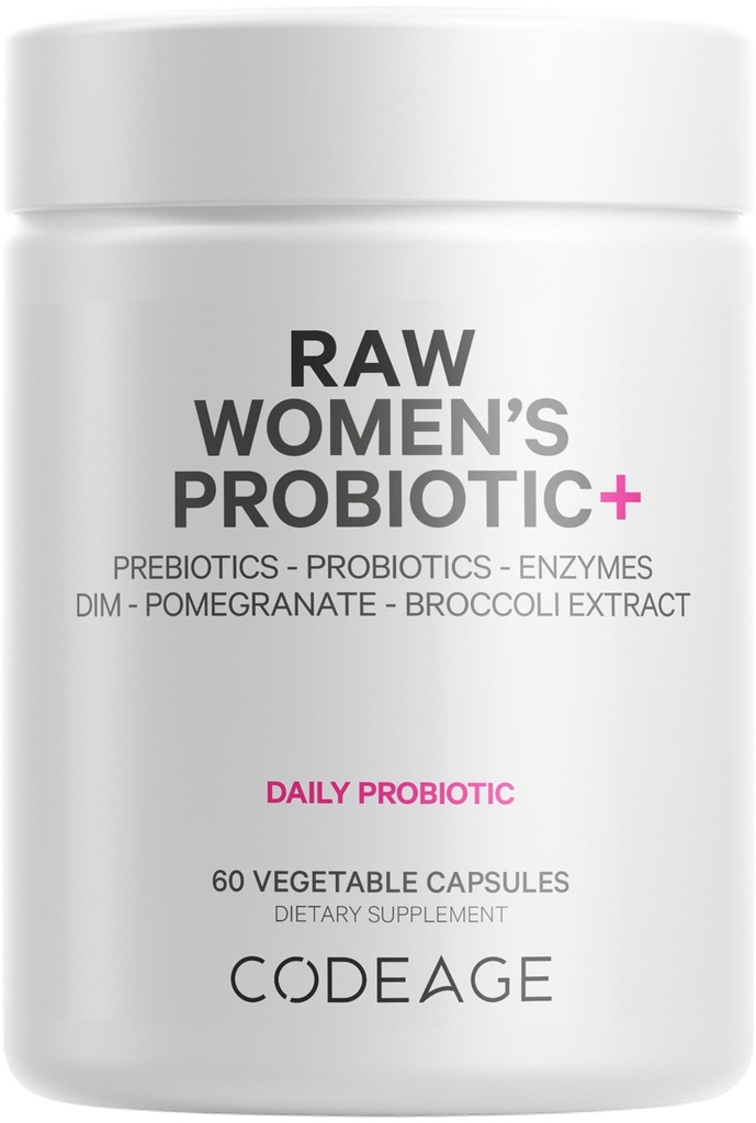 Codeage Raw Women 's Probiotic + Suplement - 34 Prototic Strains, 100 Milyar CFU, Digetical Enzymes, Prebiotic Blend, DIM, Herbal Extracts, Phytonutrients - Non-GMO - 30 Capsules