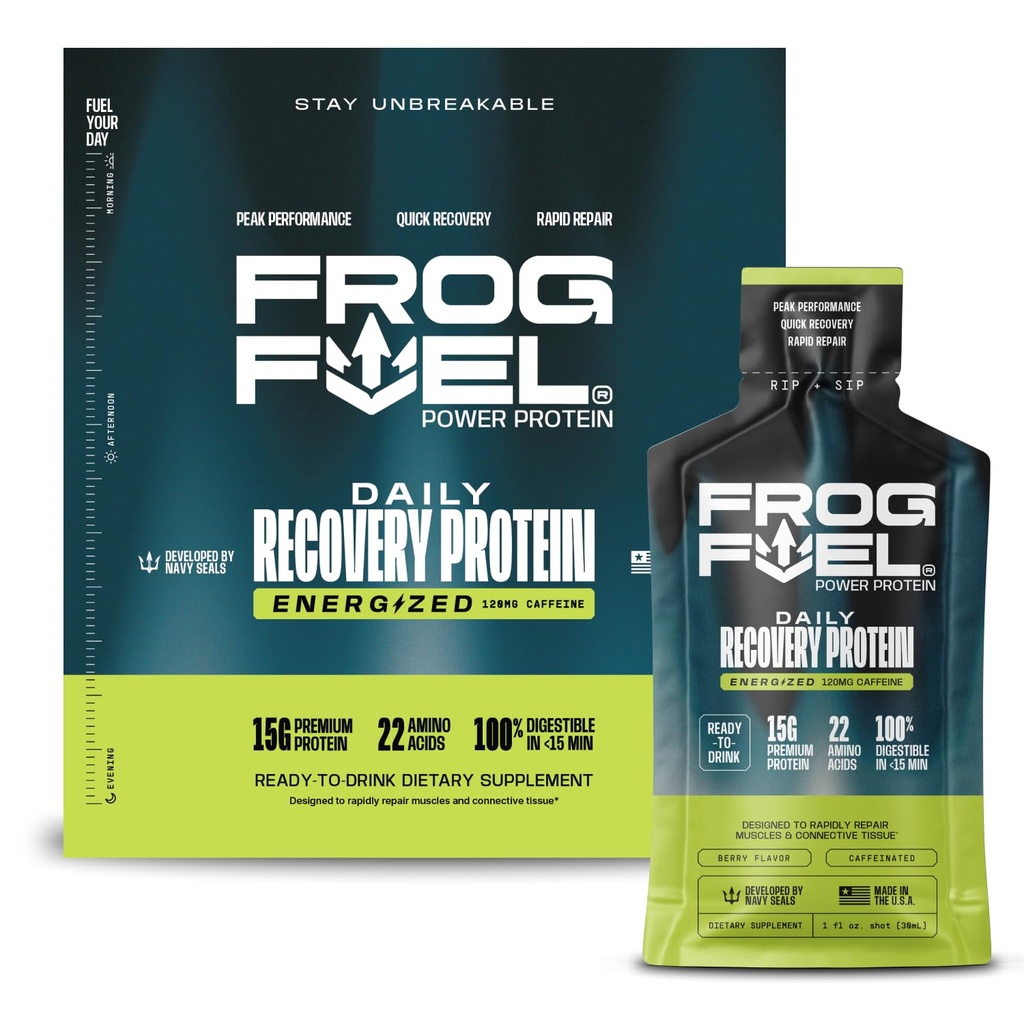 Frog Power Energized Protein Shot, 15g Protein Nano - Hydrolyzed Grass Fed Collagen, 120mg Caffeine, Fat & Sugar Free, 22 Amino Acids, 0 Carbs, Berry, 1 oz Packets, 24 Pack