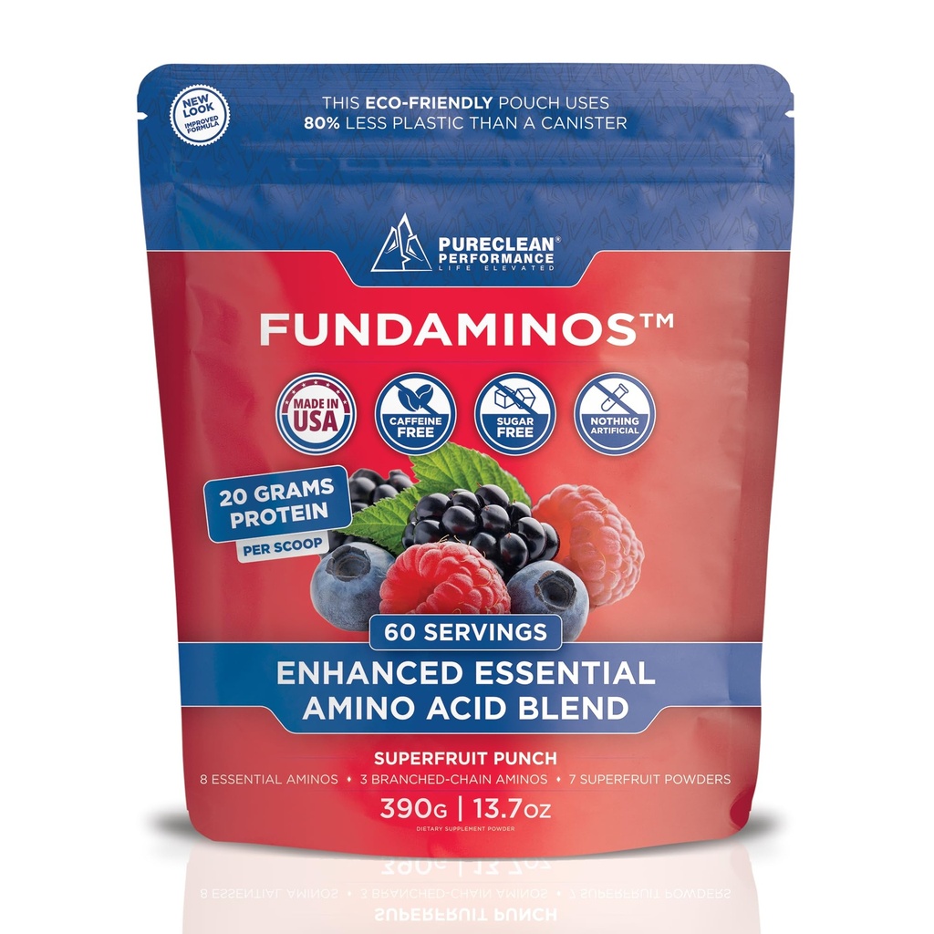 FundAminos EAA + BCAA Amino Acid Powder 124; Organik, Vegan, Plant - berbasis 124; Complete Estile Aminos Aminos untuk sehari-hari Pembiaran Utilisasi Protin Optilisasi 124; Menyegarkan Superfruit Blend - 60