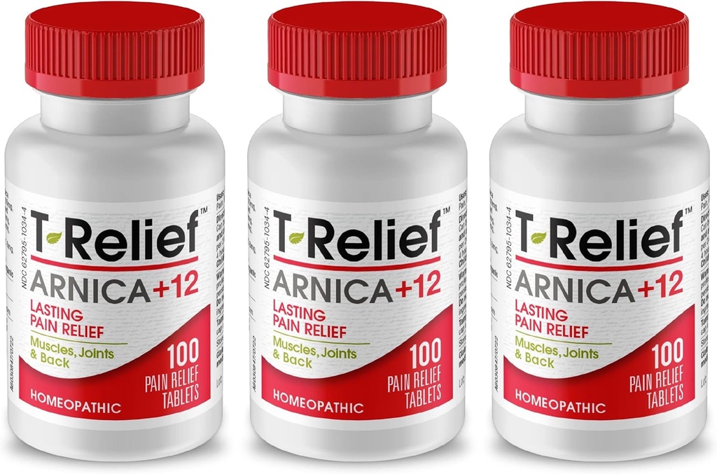 T-Relief Arnica + 12 Actives Relifeing Natural Actions for Back Painess Soreness Aches & Stiffness, Whole Body Fast Acting Relief for Women & Men - 100 Tablets (3 Pack)
