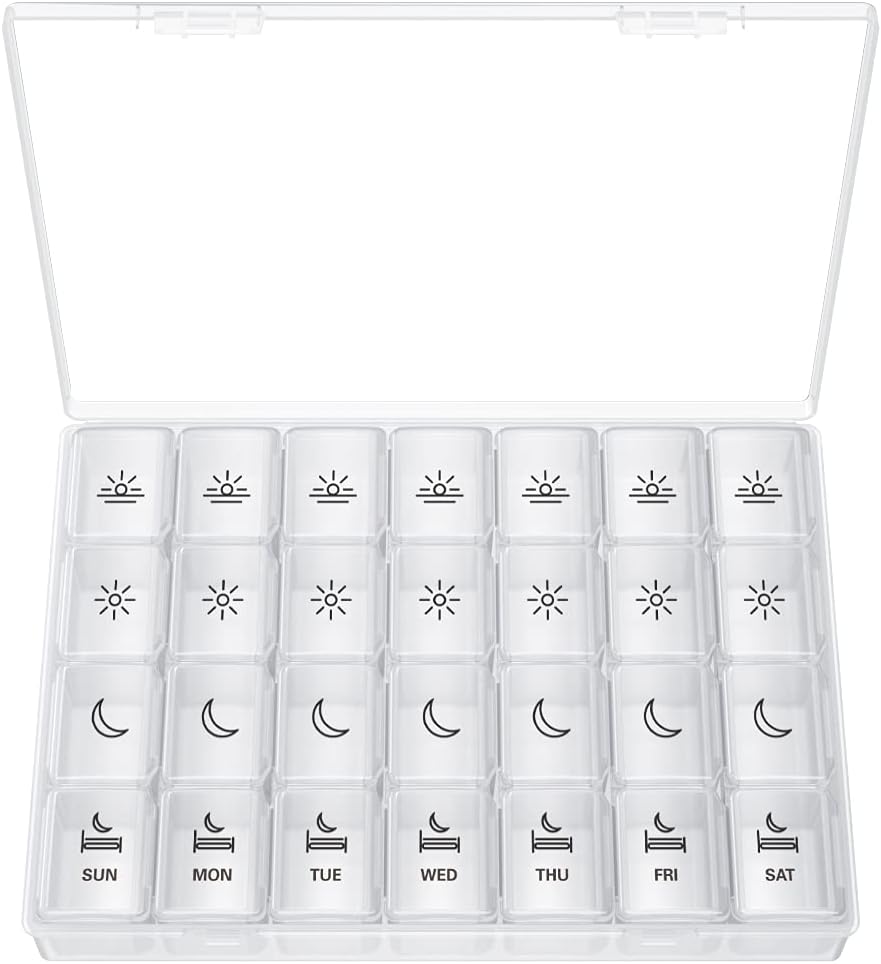 XL Pill Organizer 4 kali sehari, BUG HULL Extra Kasus Kotak Pil Mingguan, 7 Hari Kontainer Seharian Pill Holder untuk Cod- Liver Oil, Vitamin, Suplemen (Putih)