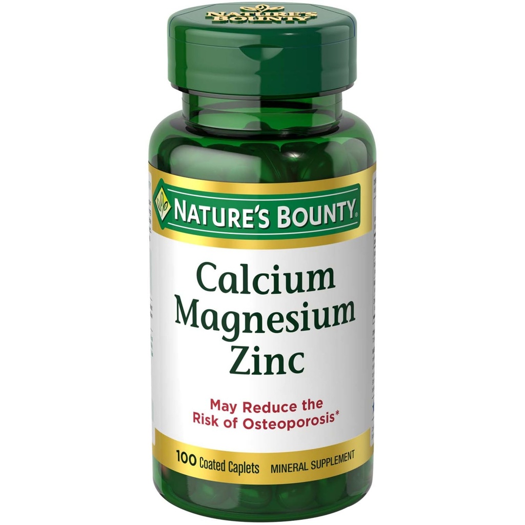 Nature 's Bounty Calcium Magnesium & Zinc Caplets, Imune & Bone Health, Daily Supplement, 100mg Kalsium, 400mg Magnesium, 600 IU Vitamin D, Gluten Free, 100 Caplets