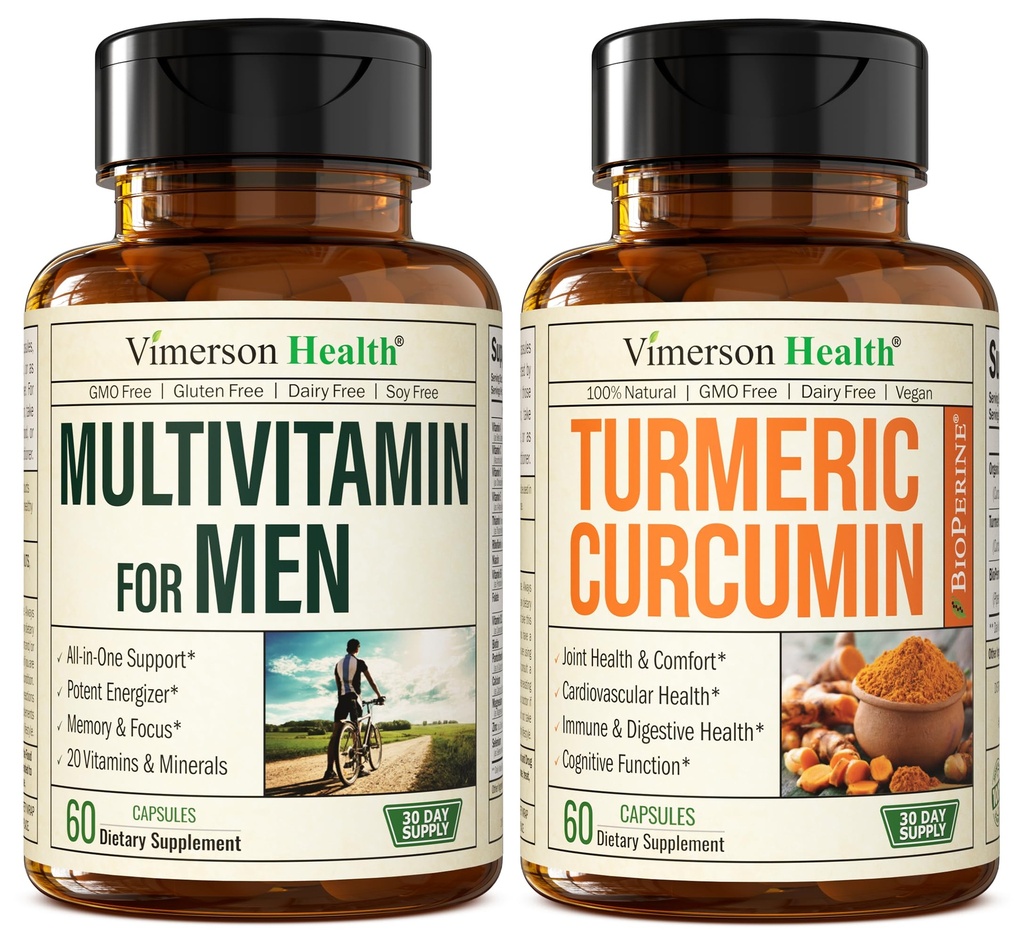Vimerson Health Men 's Multivitamin + Turmeric Curcumin dengan Black Pepper Extract Bundle. Dukungan Gabungan dan Kebal, Bantuan Ketidaknyamanan, Properti Antioksidan bagi-Nya