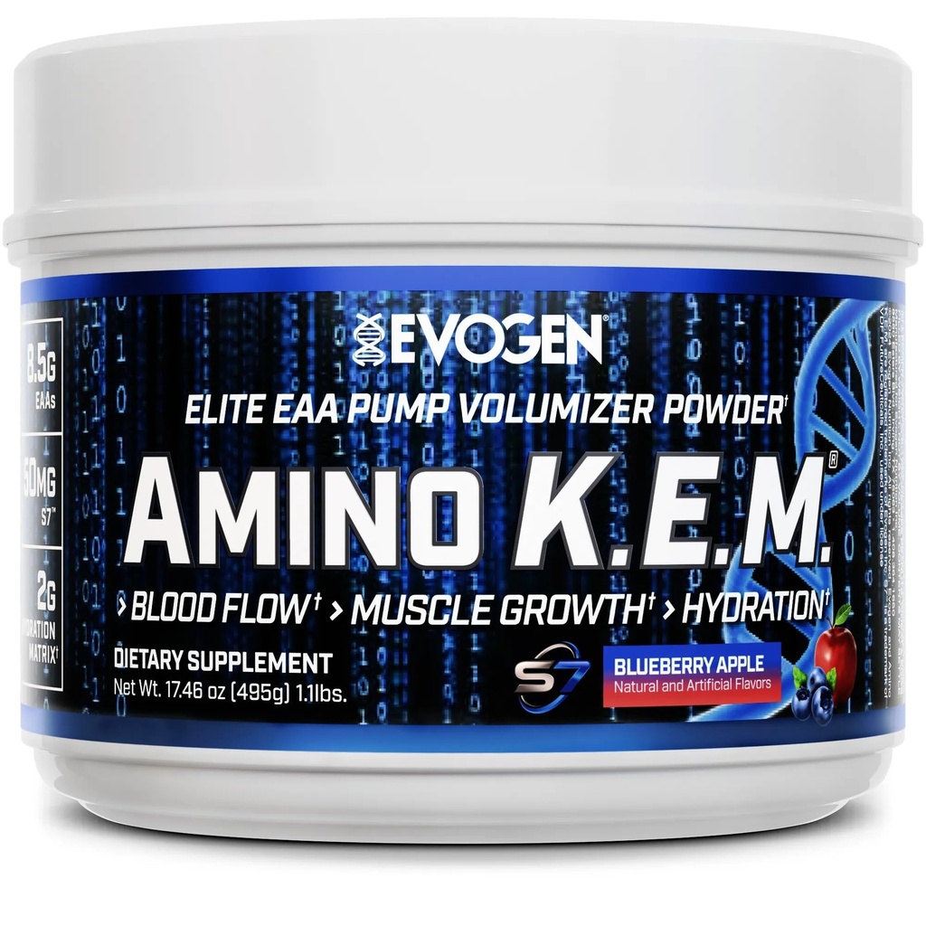 Evogen Amino K.E.M. - EAA & BCAA Powder Pompa Volumizer 124; BCAA Amino Accids Suplemen Darah, Perkembangan Otot, & Hydration 124; Blueberry Apple 12430