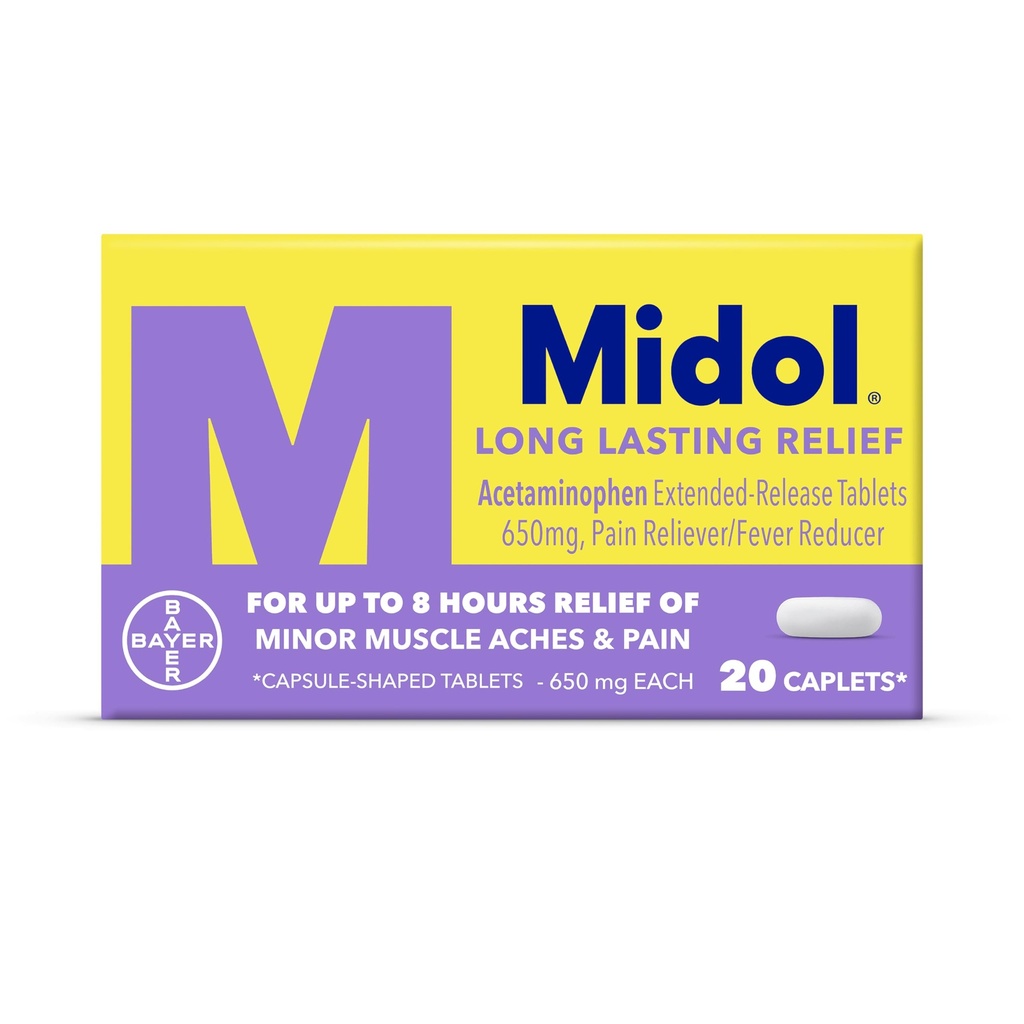 Midol Long Lasting Relief 20lt: Midol Long Lasting Relief, Menstrual Symptom Reliever & Fever Reducer, Caplets with Acetaminopenhen for Menstrual Pain Relief - 20 Count (Packaging May Wary)