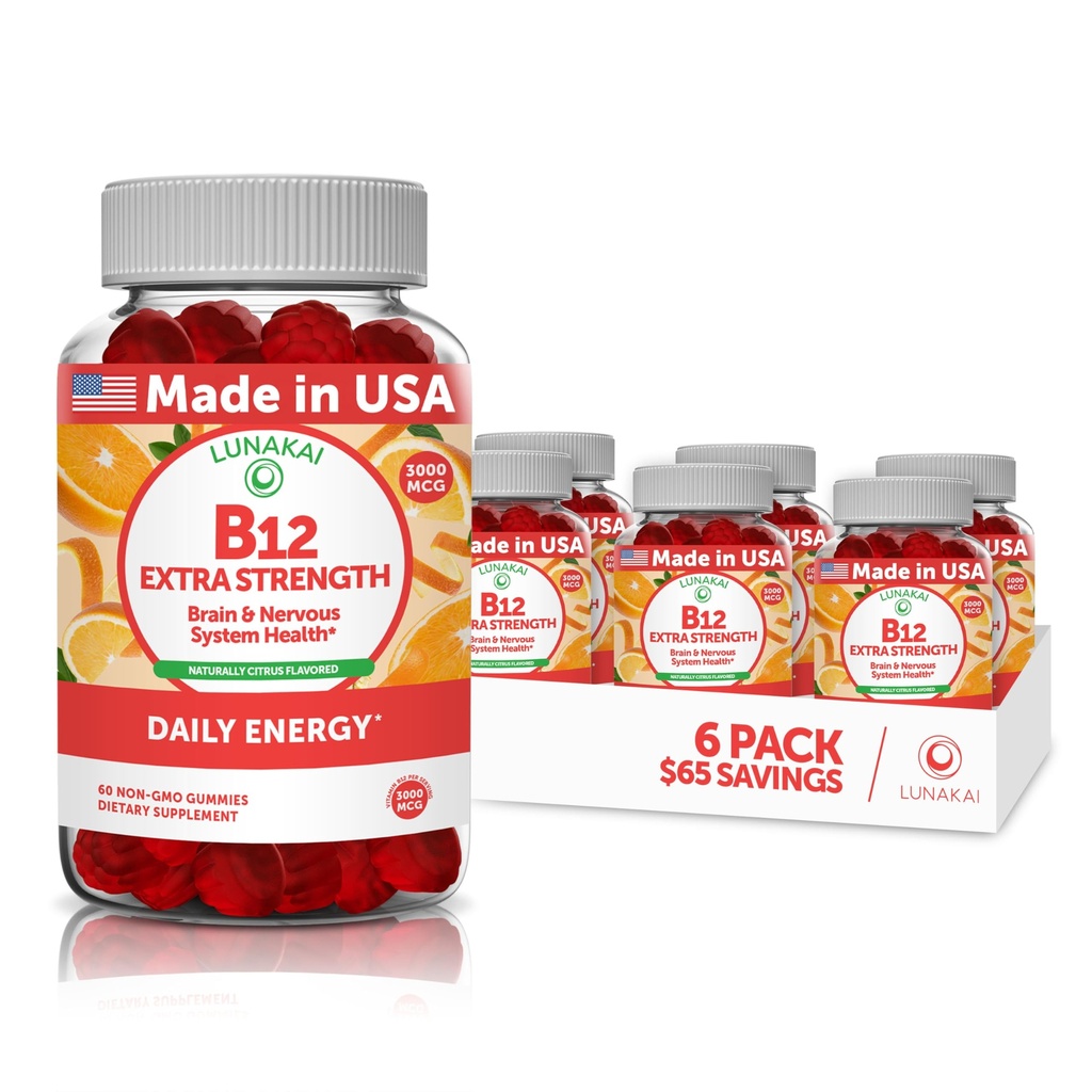 Vitamin B12 Gummies for Adults - Terlezat Proprietary Formula - 3000mcg Methyl B-12 High Absorpsi Energi Gummies - Non- GMO Vegan B12 - Disable B 12 untuk Dukungan Energi dan Kesehatan Tulang - 6 Pack