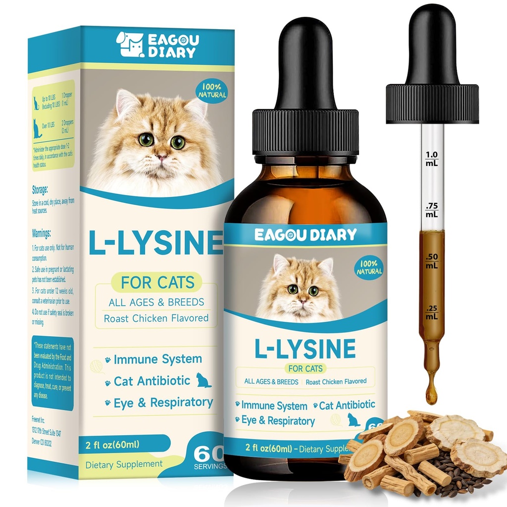 L-Lysine untuk Kucing, Lysine Drops Supplement Immune, Sneezing, Cold, Allergy Relief, Hidung Runny, Respiratory Feline, Antibiotik Alam untuk Kucing dengan Colostrum, Taurine (Ayam Roast Flavor / 2floz)