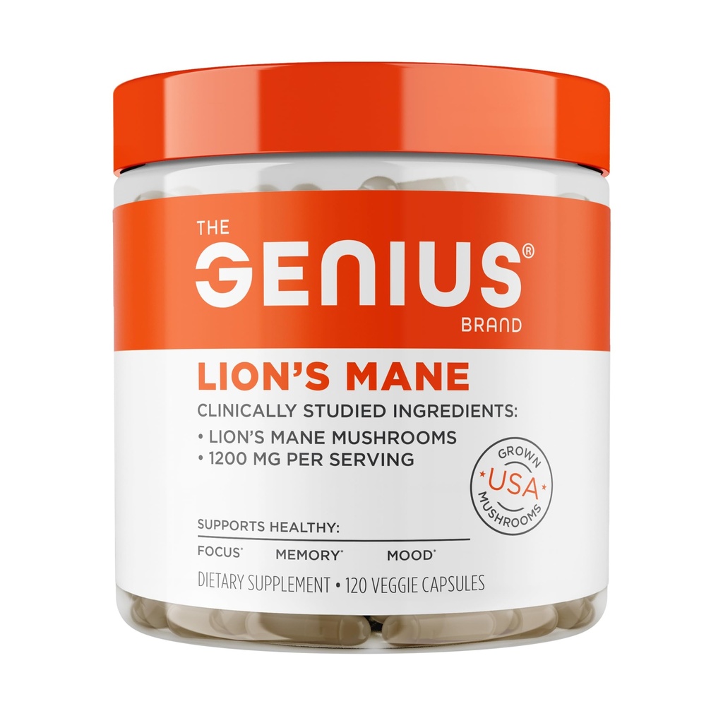 Genius Brand Genius Lion 's Mane - Plant-Based Suplemen untuk Memori, Fokus & Mood Dukungan - Organik & Non- GMO - 120 Veggie Capsules