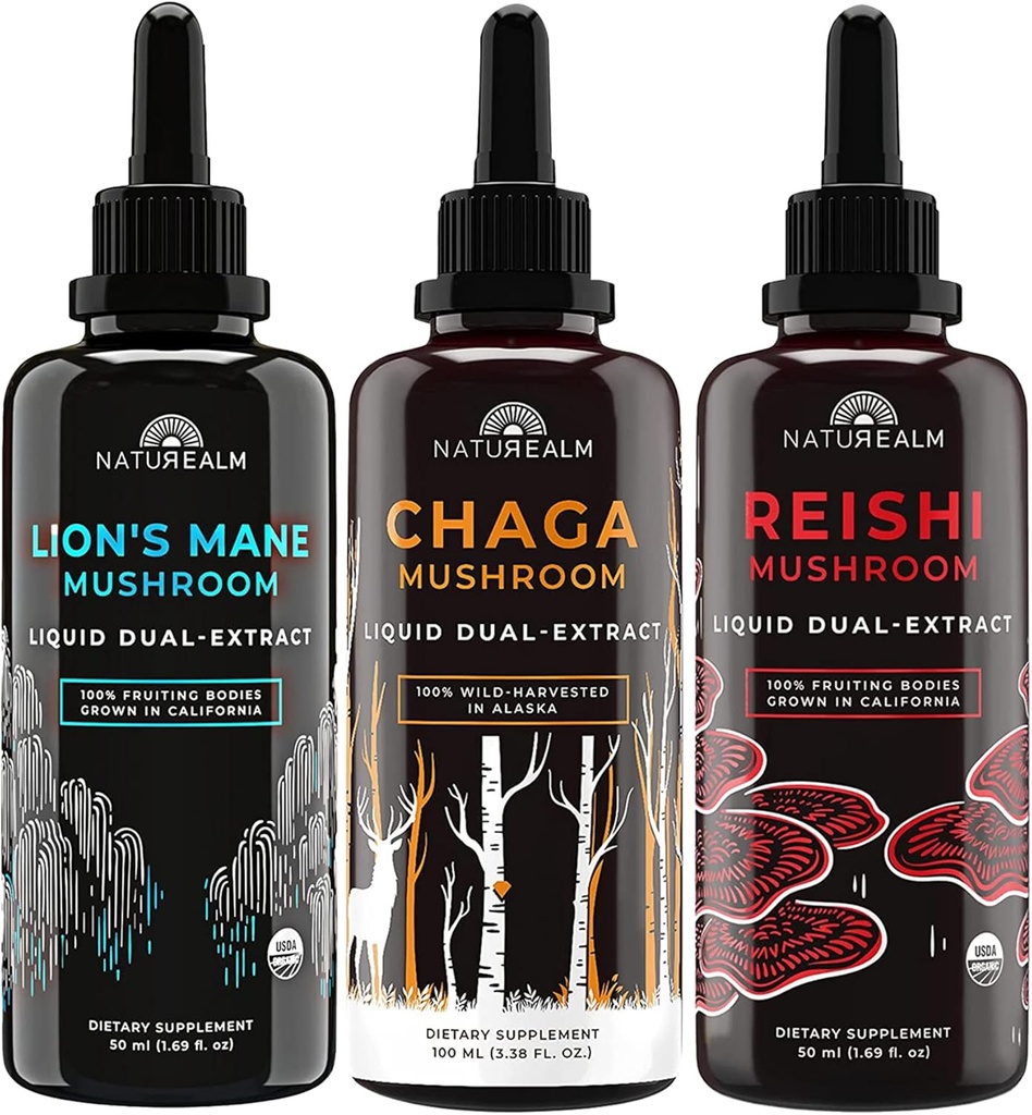 Naturealm Lion Mane, Reishi, & Chaga Mushroom Extract - Adaptogen Stack for Focus, Immunity, Longevity, Gut Health, Antiaging, Energy, Healing, & More - Organic Liquid Drops - 50 mL Each (3 Paket)