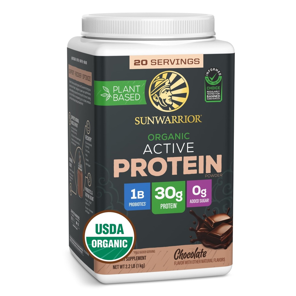 Sunwarrior Organic Plant Based Protein Powder 124; Vegan Organic Protein Popper with BCAA Amino Acids Plus Recovery Minever & Botanicals 124; Non- GMO Soy Dairy & Gluten Free (Coklat, 20 Pelayan)
