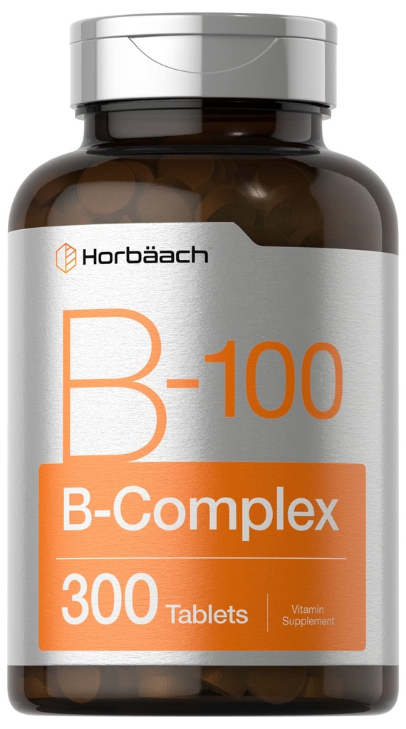 Horbäach Vitamin B-100 Kompleks 124; 100% dari Nilai Harian 124; 300 Tablet 12.4; Vegetarian, Non-GMO, dan Gluten Free Supplemen
