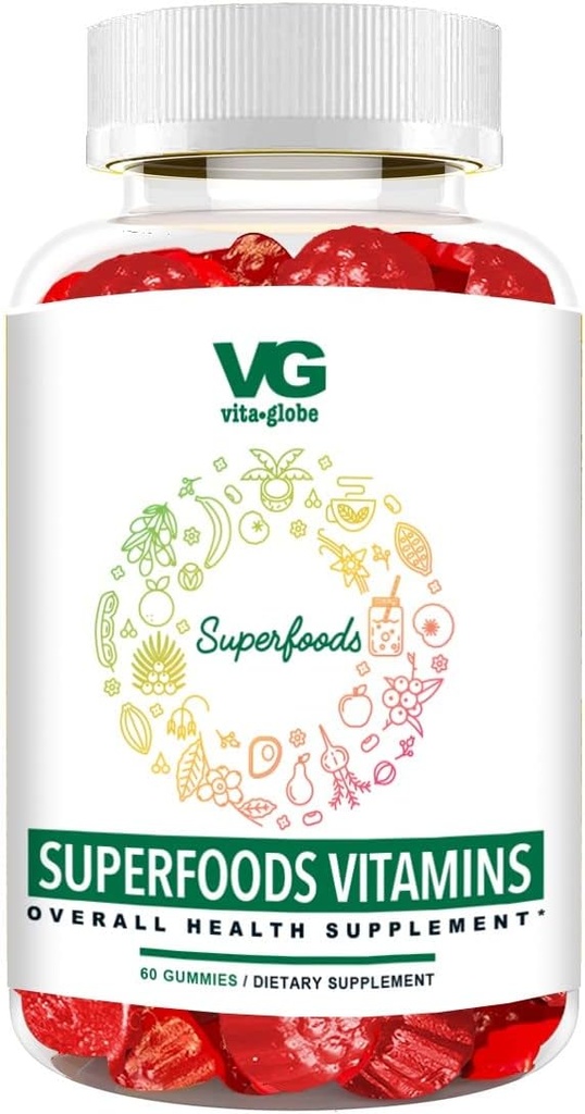 VITA GLOBE Superfood Gummy Vitamin - Imune Health & Antioksidant - Daily Wellness Gummies for Dewas & Kid - Vegan, Non- GMO, Gluten Free Superfood Suplemen - 60 Count