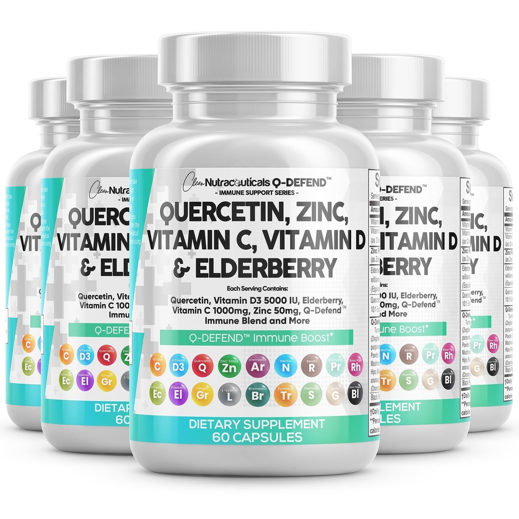 Bersihkan Nutraceuticals Quercetin Zinc Vitamin C Vitamin D Bromelain Elderberry - Lung Immune Supplemen Dewasa dengan Artemisinin, Es, Echinacea, Allergy Relief (60 Count (Paket 5))