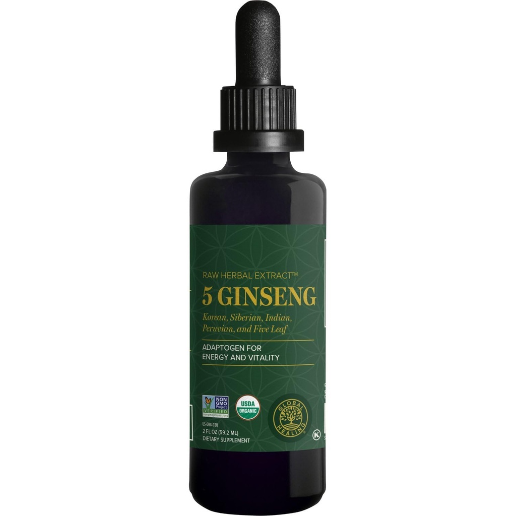 Global Healing Center - Ginseng - Ekstrak Organik Raw Herbal - Liquid Panax Suplement Drop Promotes Energy - Korea dan Siberia Ginseng Suplemen, Maka, Ashwagandha - Non-GMO - 2 Fl Oz