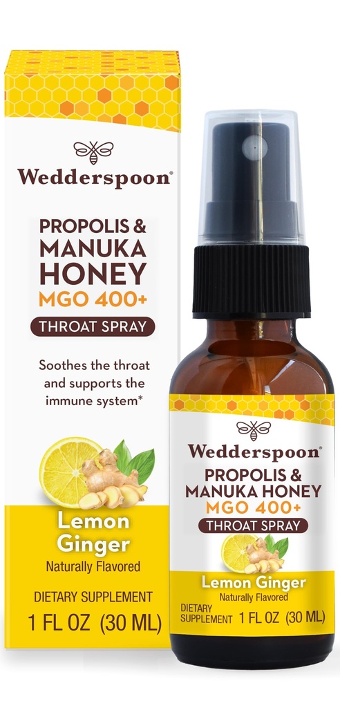 Wedderspoon Propolis dan Manuka Honey Throat Spray, Lemon & Ginger, 1 Fl Oz (Paket 1), Sore Throat Relief, Natural Imune Support