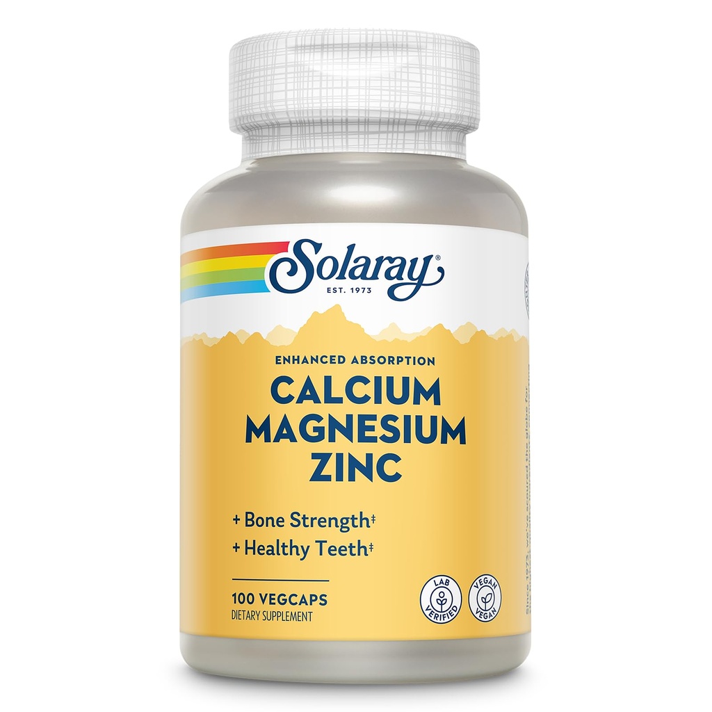 Calsium Magnesium Zinc Suplemen SOLARI - dengan Calcium 1000mg, Magnesium 500mg - Bone Health, Muscle Fungsi, Kesehatan Jantung dan Dukungan Imune - Vegan, 60 Hari Jaminan, 25 Pelayan, 100 VevCaps