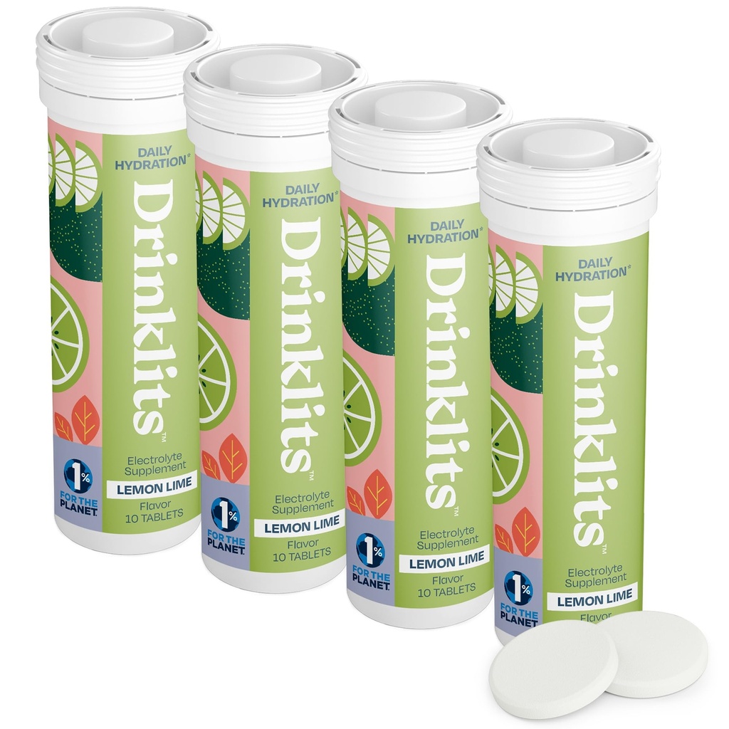 Drinklits Lemon- Lime Daily Electrolite Hydration Tablet (4) Tait Bundle 124; Natural Sports Drink - 0g Sugar - Excellent Flavor 124; 40 Servis - 10 Tablet Per Tube
