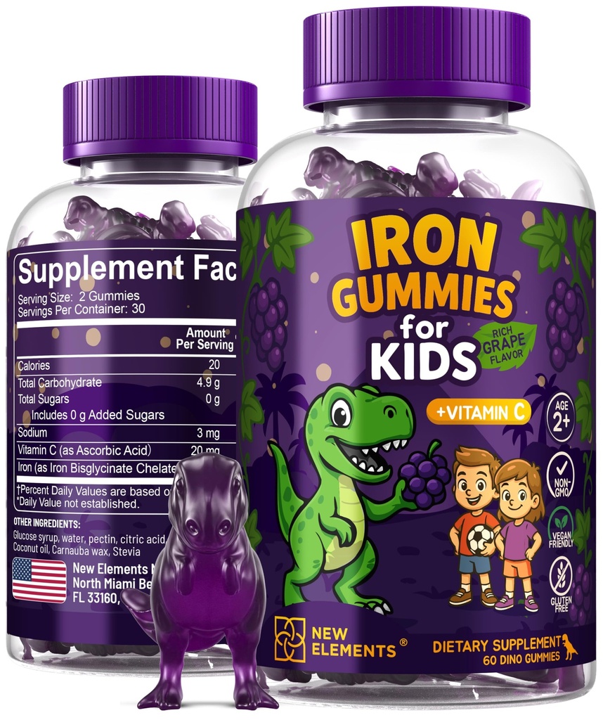 Iron Dinosaur Gummies for Kids with Vitamin C 124; Sugar- Free, Vegan, Gluten-Free & None-GMO 124; Anemia Relief, Energy & Blood Health Dukung 126; Grape Flavor, Pectin- Based for Optimal Health