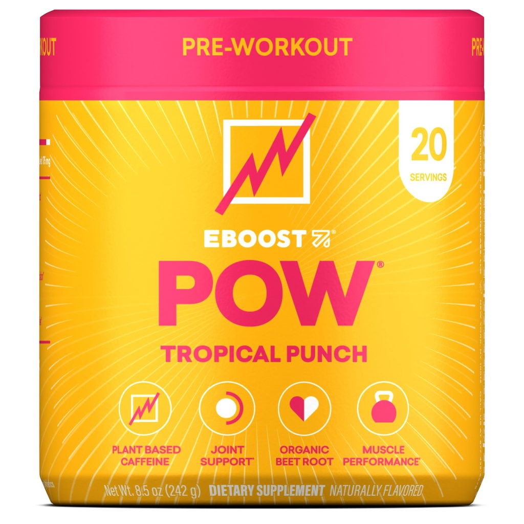 EBOOST POW Natural Pre Workout Powder - 20 Pembantu - Pukulan Tropis - A Pre Workout Suplemen untuk Performance, Gabungan Dukungan Mobility, Energi, Fokus - Pria & Perempuan - Non-GMO, Gluten- Free, No Creatine