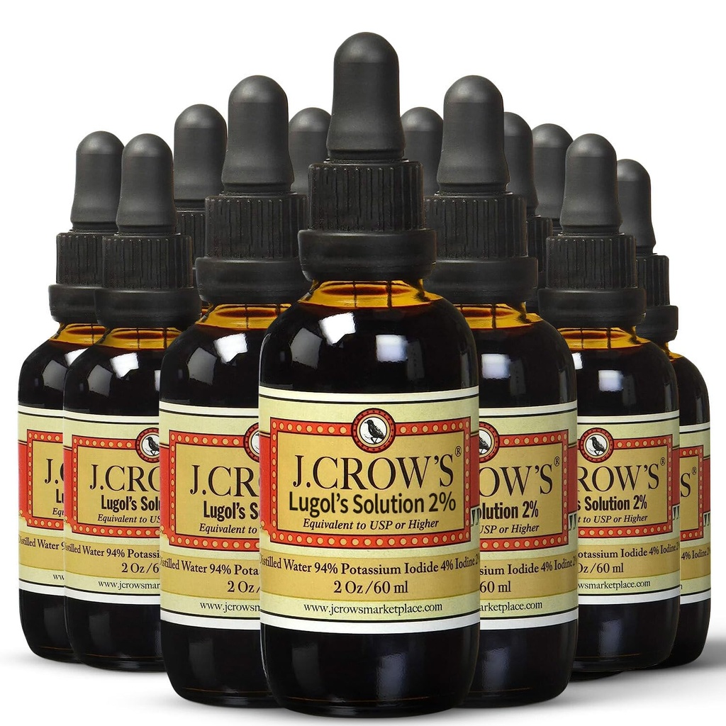 J.CROW 'S ® Lugol' s Solution of Iodin 2% 2 oz (12 Bottles) - Premium Iodium Iodium & Potasium Iodide Liquid, Gluten &, Alcohol- Free Natural Brine Extract, No Expiration